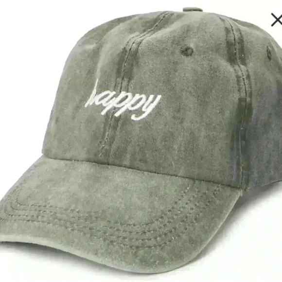 "Happy" Olive Green Camp Baseball Cap. Embroidered Casual Outdoor Adjustable - Picture 1 of 8
